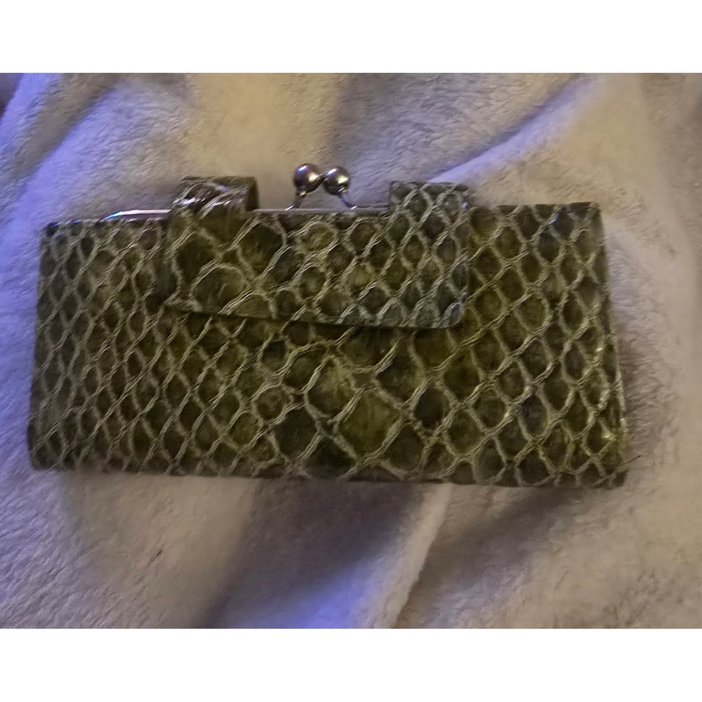 Vintage Style Green Snakeskin Faux Leather Kiss Lock Clutch Wallet with Mirror